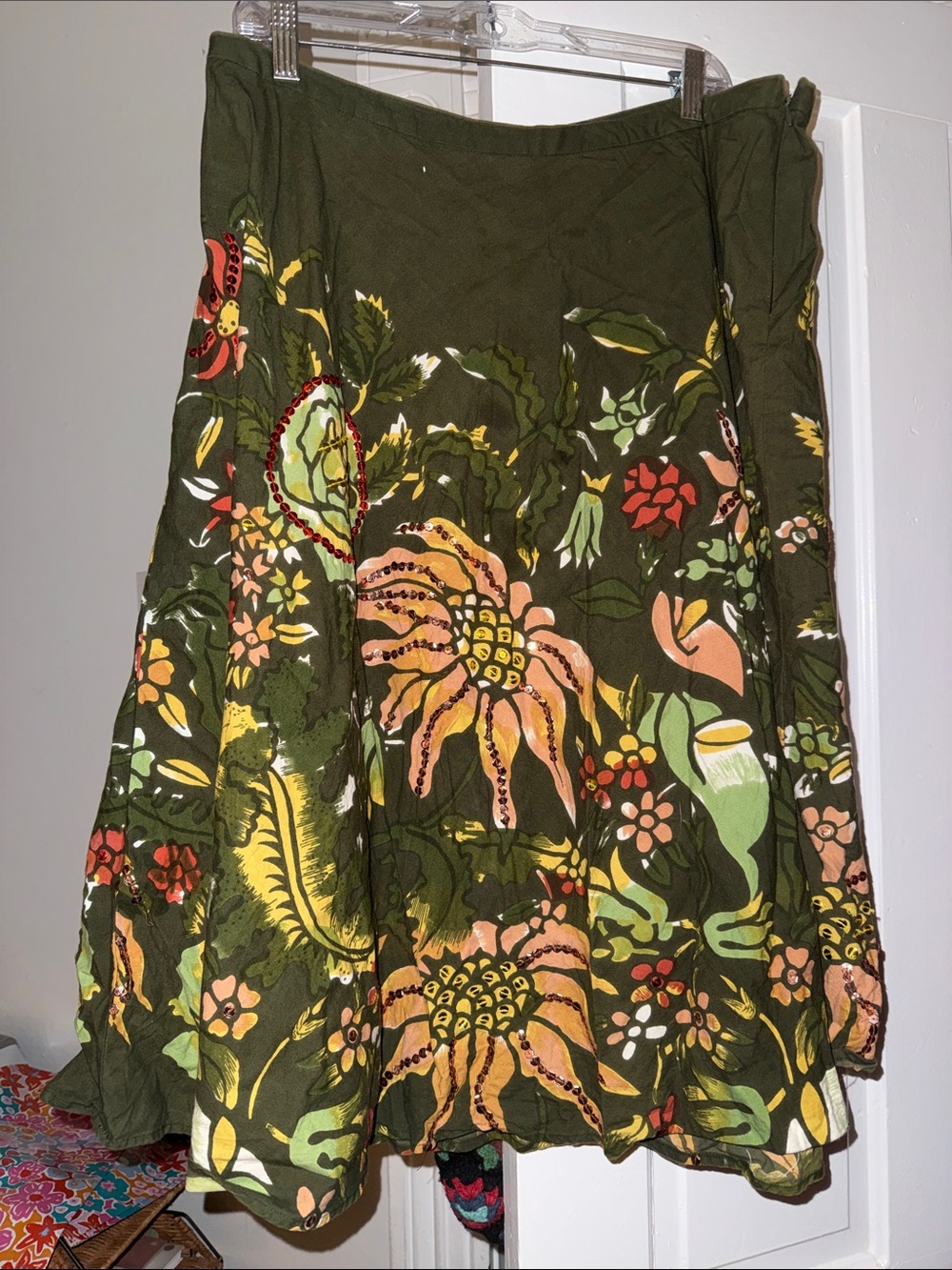 Olive Green Floral A-Line Skirt